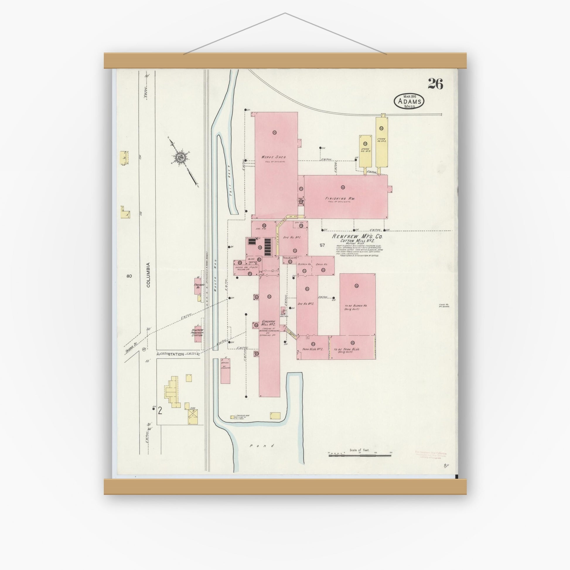 Old map wall art mockup — magnetic wood frame on white wall — Sanborn Fire Insurance Map from Adams, Berkshire County, Massachusetts (1914), Sheet #0026