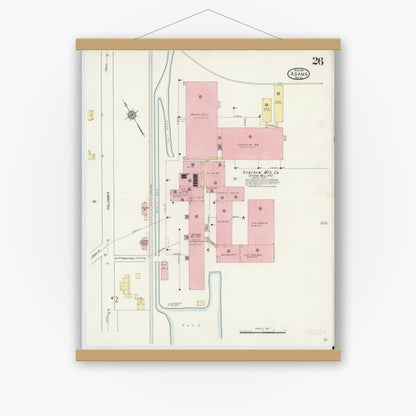 Old map wall art mockup — magnetic wood frame on white wall — Sanborn Fire Insurance Map from Adams, Berkshire County, Massachusetts (1914), Sheet #0026