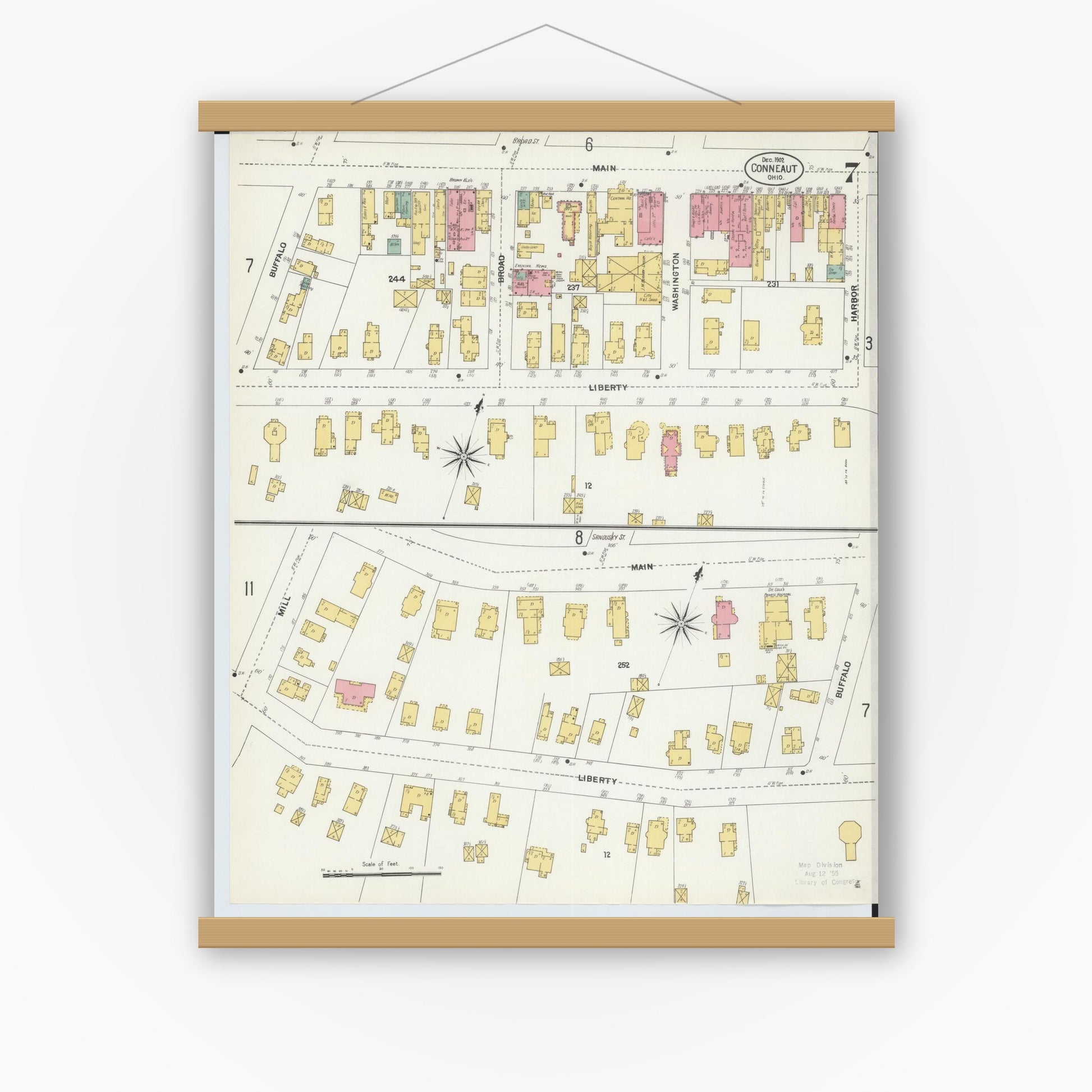 Old map wall art mockup — magnetic wood frame on white wall — Sanborn Fire Insurance Map from Conneaut, Ashtabula County, Ohio (1902), Sheet #0007