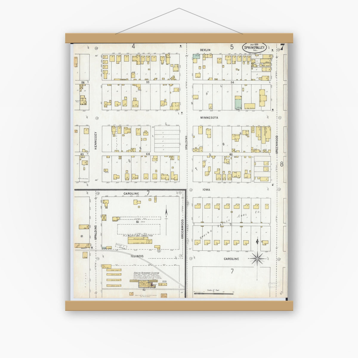 Old map wall art mockup — magnetic wood frame on white wall — Sanborn Fire Insurance Map from Spring Valley, Bureau County, Illinois (1899), Sheet #0007