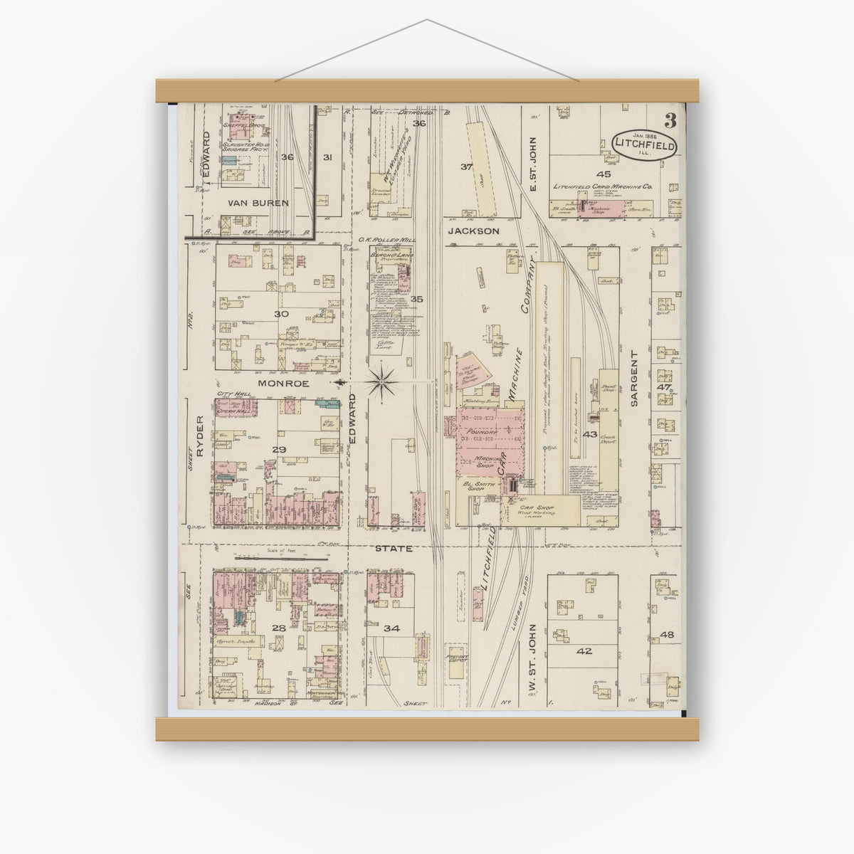Old map wall art mockup — magnetic wood frame on white wall — Sanborn Fire Insurance Map from Litchfield, Montgomery County, Illinois (1886), Sheet #0003