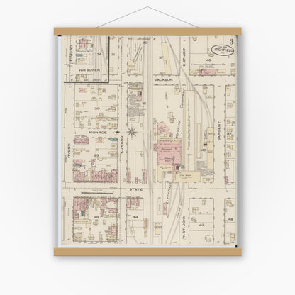 Old map wall art mockup — magnetic wood frame on white wall — Sanborn Fire Insurance Map from Litchfield, Montgomery County, Illinois (1886), Sheet #0003