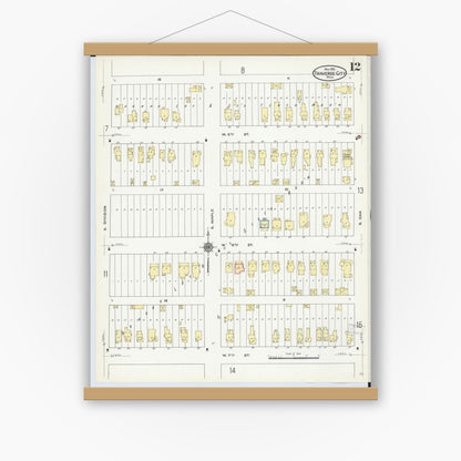 Old map wall art mockup — magnetic wood frame on white wall — Sanborn Fire Insurance Map from Traverse City, Grand Traverse County, Michigan (1910), Sheet #0012