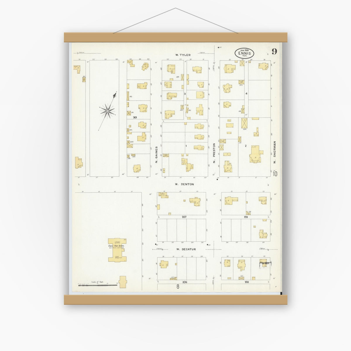 Old map wall art mockup — magnetic wood frame on white wall — Sanborn Fire Insurance Map from Ennis, Ellis County, Texas (1909), Sheet #0009