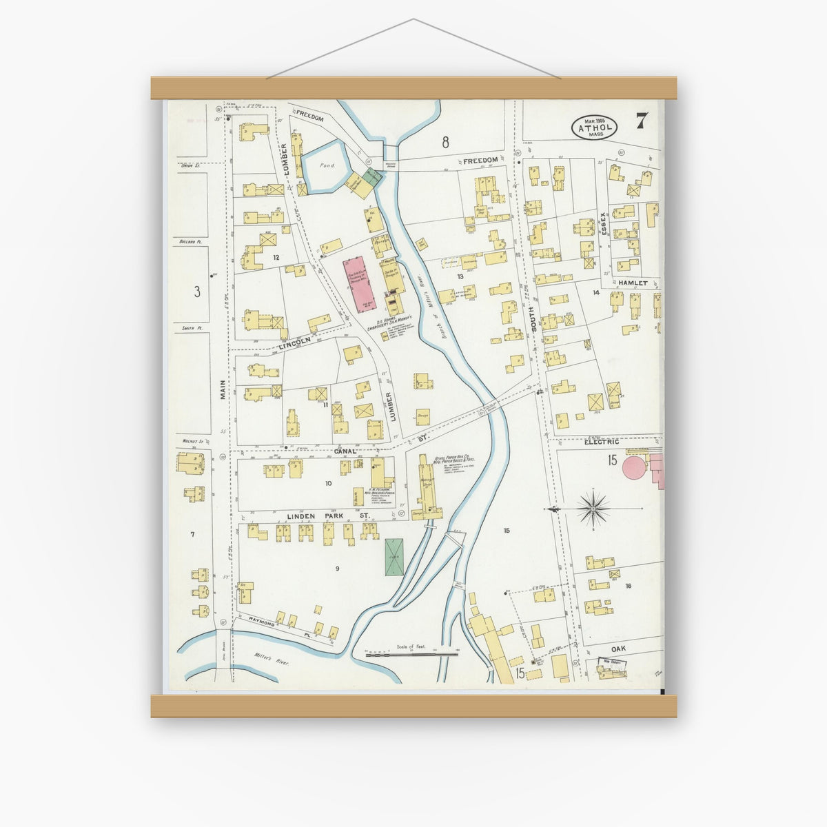 Old map wall art mockup — magnetic wood frame on white wall — Sanborn Fire Insurance Map from Athol, Worcester County, Massachusetts (1905), Sheet #0007