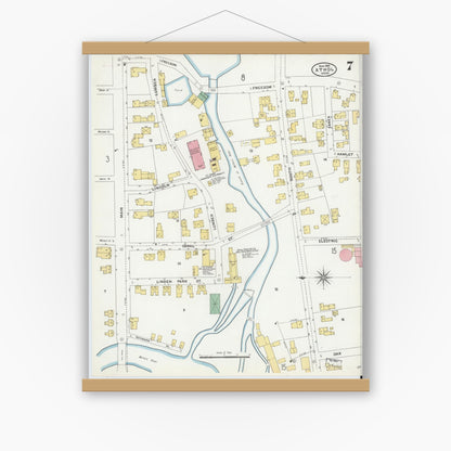 Old map wall art mockup — magnetic wood frame on white wall — Sanborn Fire Insurance Map from Athol, Worcester County, Massachusetts (1905), Sheet #0007
