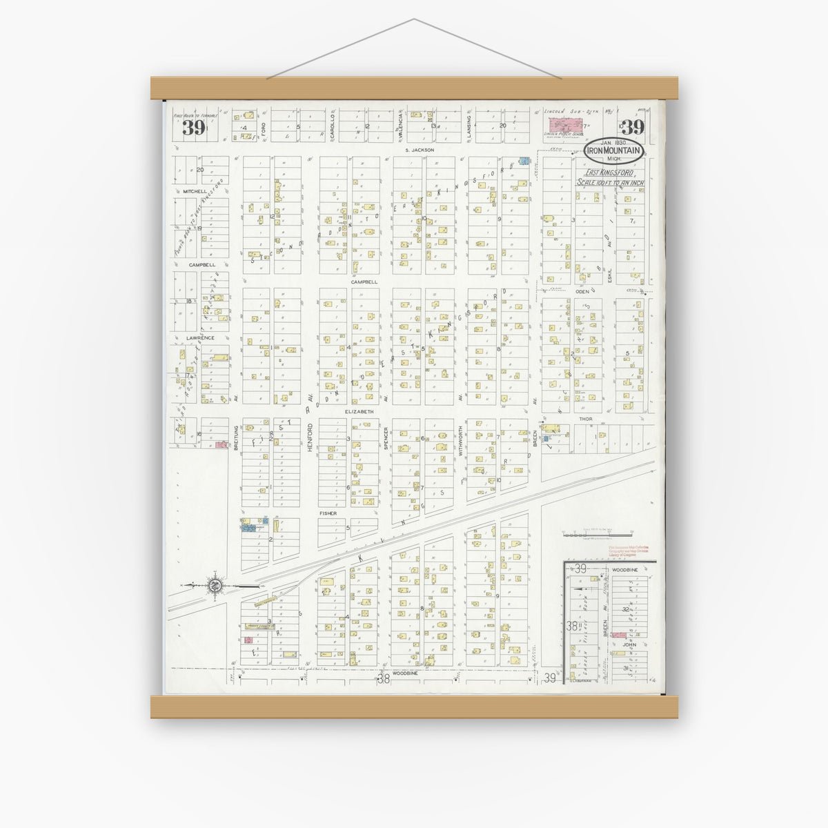 Old map wall art mockup — magnetic wood frame on white wall — Sanborn Fire Insurance Map from Iron Mountain, Dickinson County, Michigan (1930), Sheet #0039