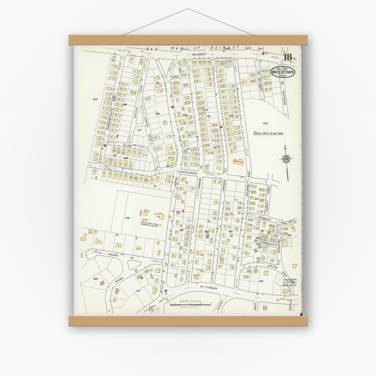 Old map wall art mockup — magnetic wood frame on white wall — Sanborn Fire Insurance Map from Watertown, Middlesex County, Massachusetts (1916), Sheet #0018