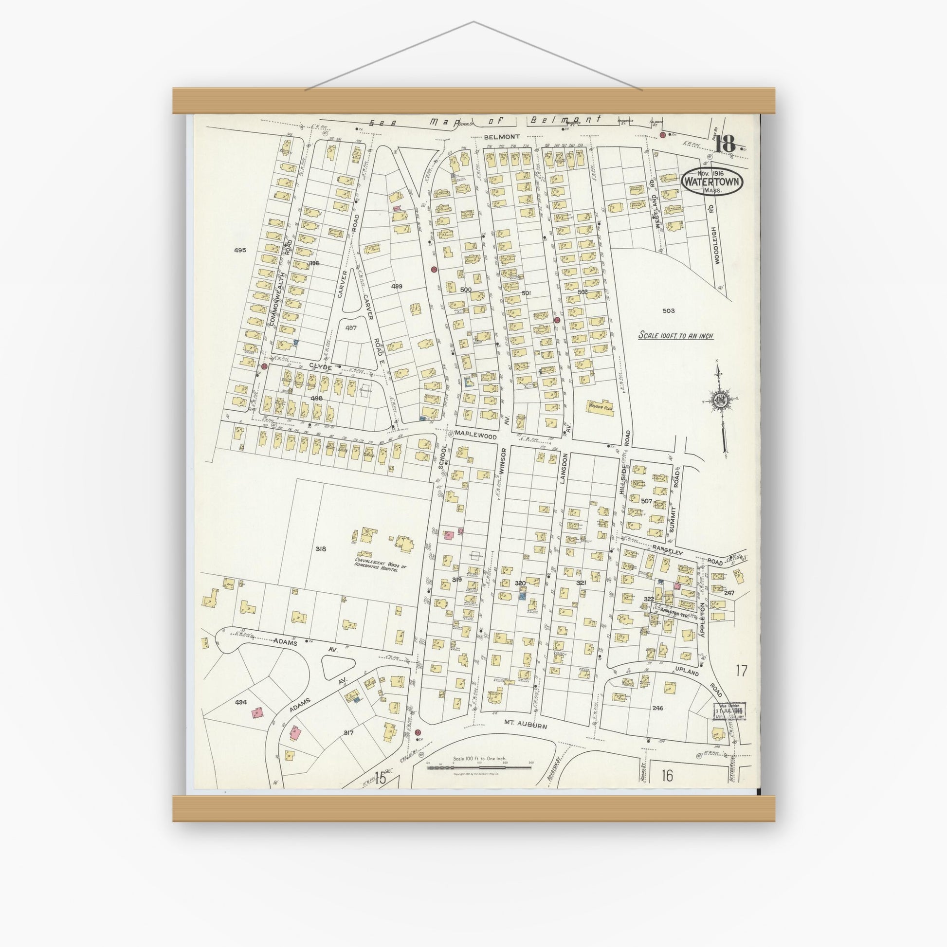 Old map wall art mockup — magnetic wood frame on white wall — Sanborn Fire Insurance Map from Watertown, Middlesex County, Massachusetts (1916), Sheet #0018