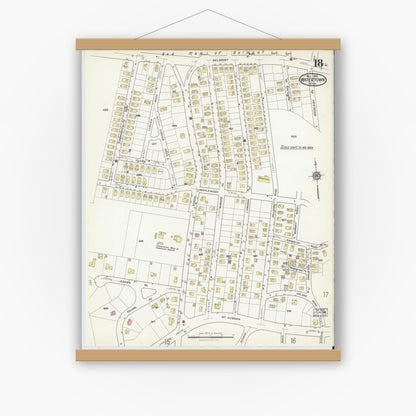 Old map wall art mockup — magnetic wood frame on white wall — Sanborn Fire Insurance Map from Watertown, Middlesex County, Massachusetts (1916), Sheet #0018