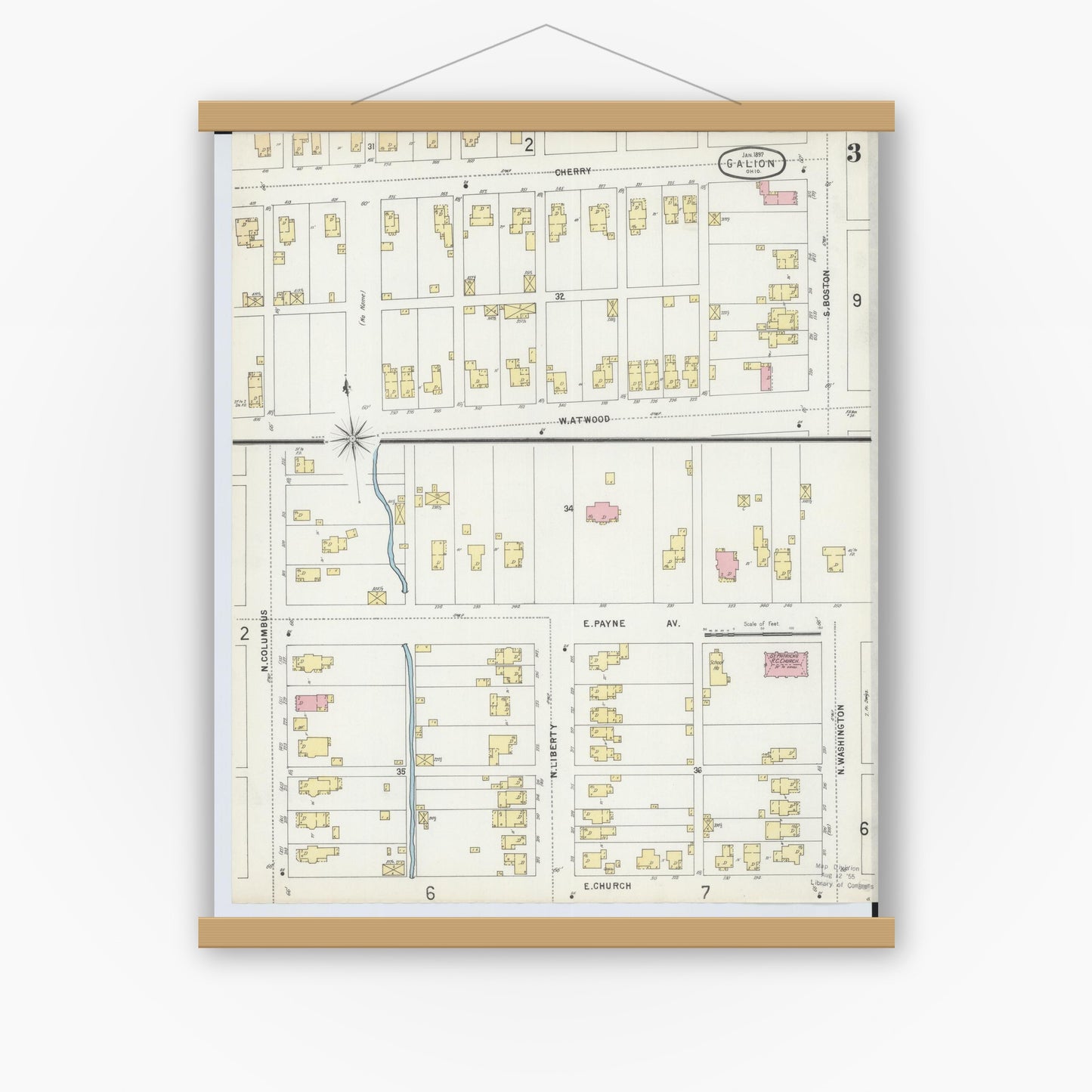 Old map wall art mockup — magnetic wood frame on white wall — Sanborn Fire Insurance Map from Galion, Crawford County, Ohio (1897), Sheet #0003
