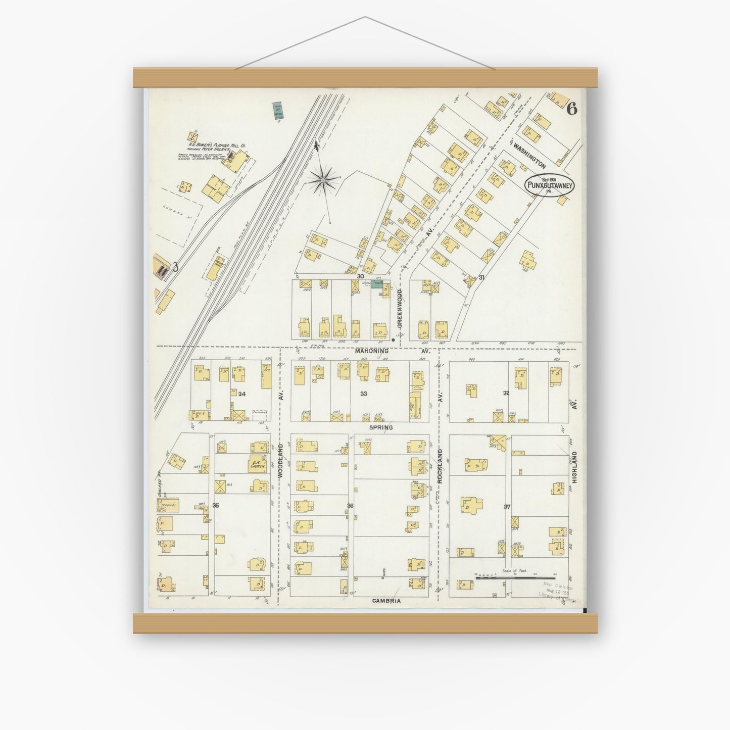 Old map wall art mockup — magnetic wood frame on white wall — Sanborn Fire Insurance Map from Punxsutawney, Jefferson County, Pennsylvania (1901), Sheet #0006