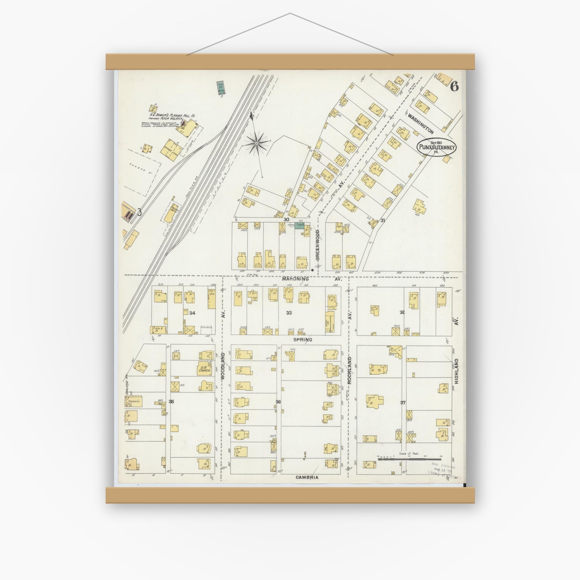 Old map wall art mockup — magnetic wood frame on white wall — Sanborn Fire Insurance Map from Punxsutawney, Jefferson County, Pennsylvania (1901), Sheet #0006