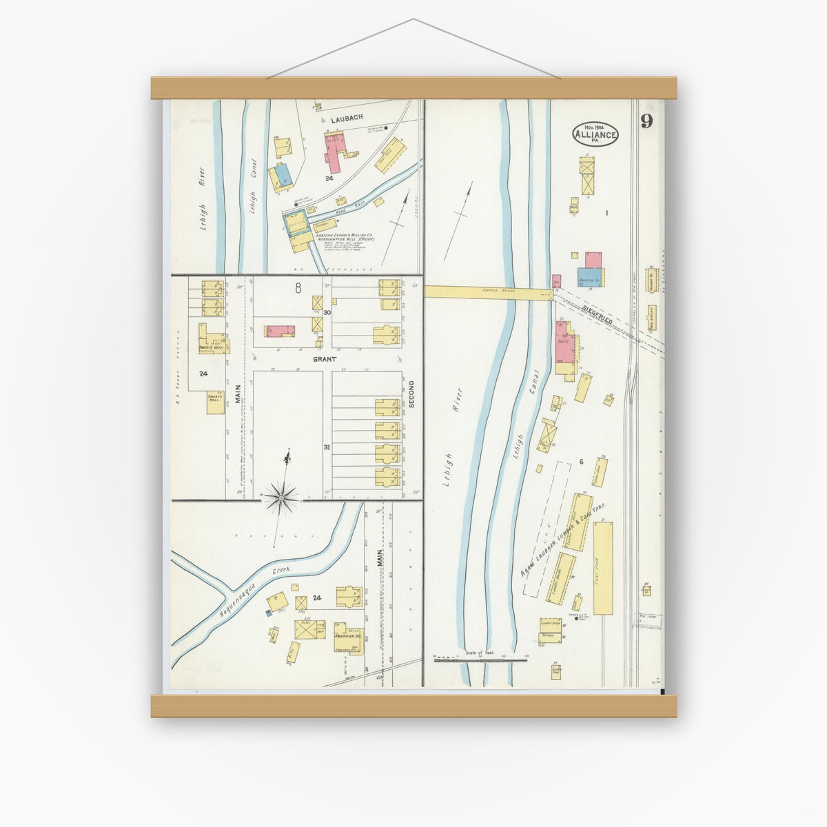 Old map wall art mockup — magnetic wood frame on white wall — Sanborn Fire Insurance Map from Alliance, Northampton County, Pennsylvania (1904), Sheet #0009