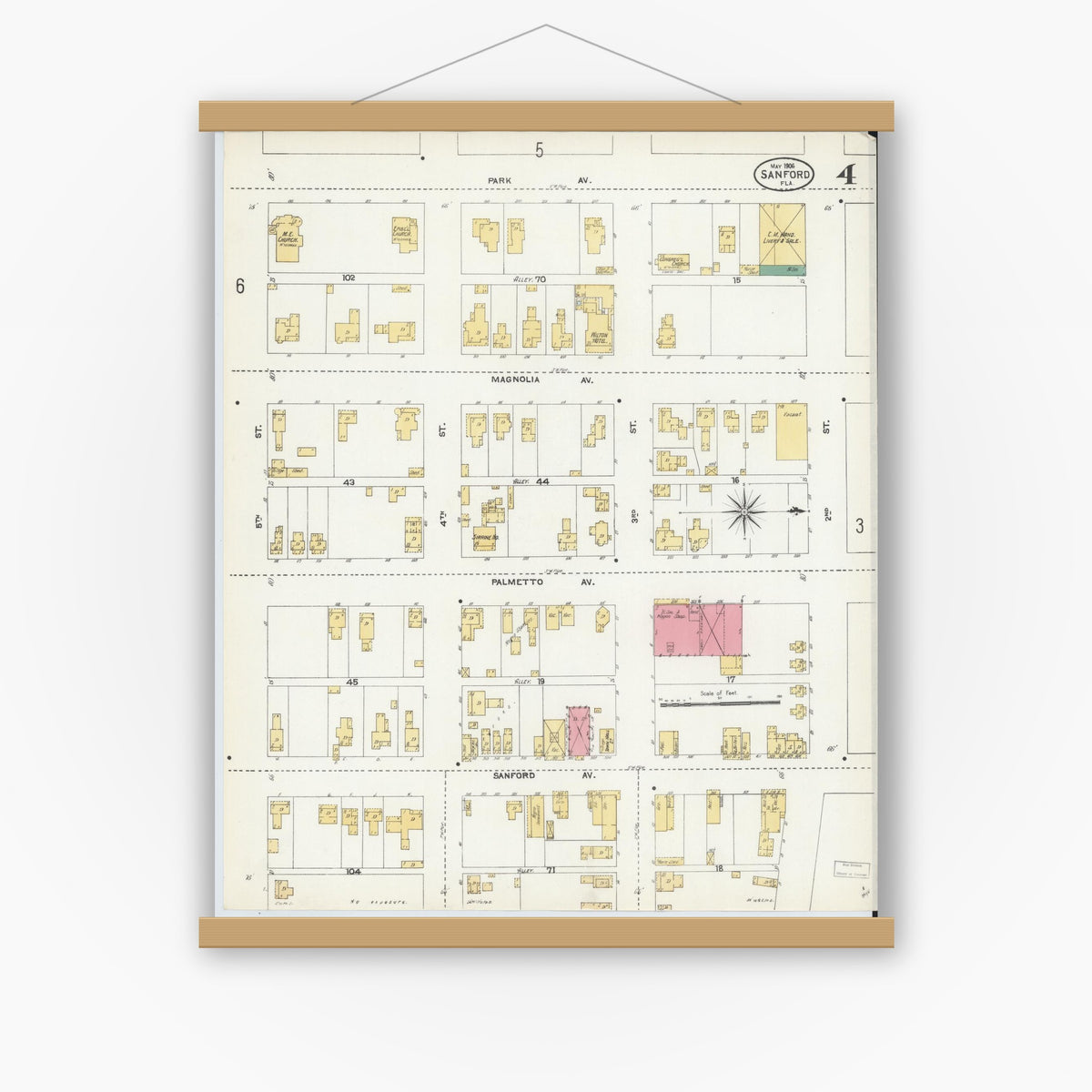 Old map wall art mockup — magnetic wood frame on white wall — Sanborn Fire Insurance Map from Sanford, Seminole County, Florida (1906), Sheet #0004