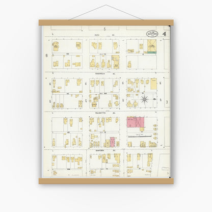 Old map wall art mockup — magnetic wood frame on white wall — Sanborn Fire Insurance Map from Sanford, Seminole County, Florida (1906), Sheet #0004
