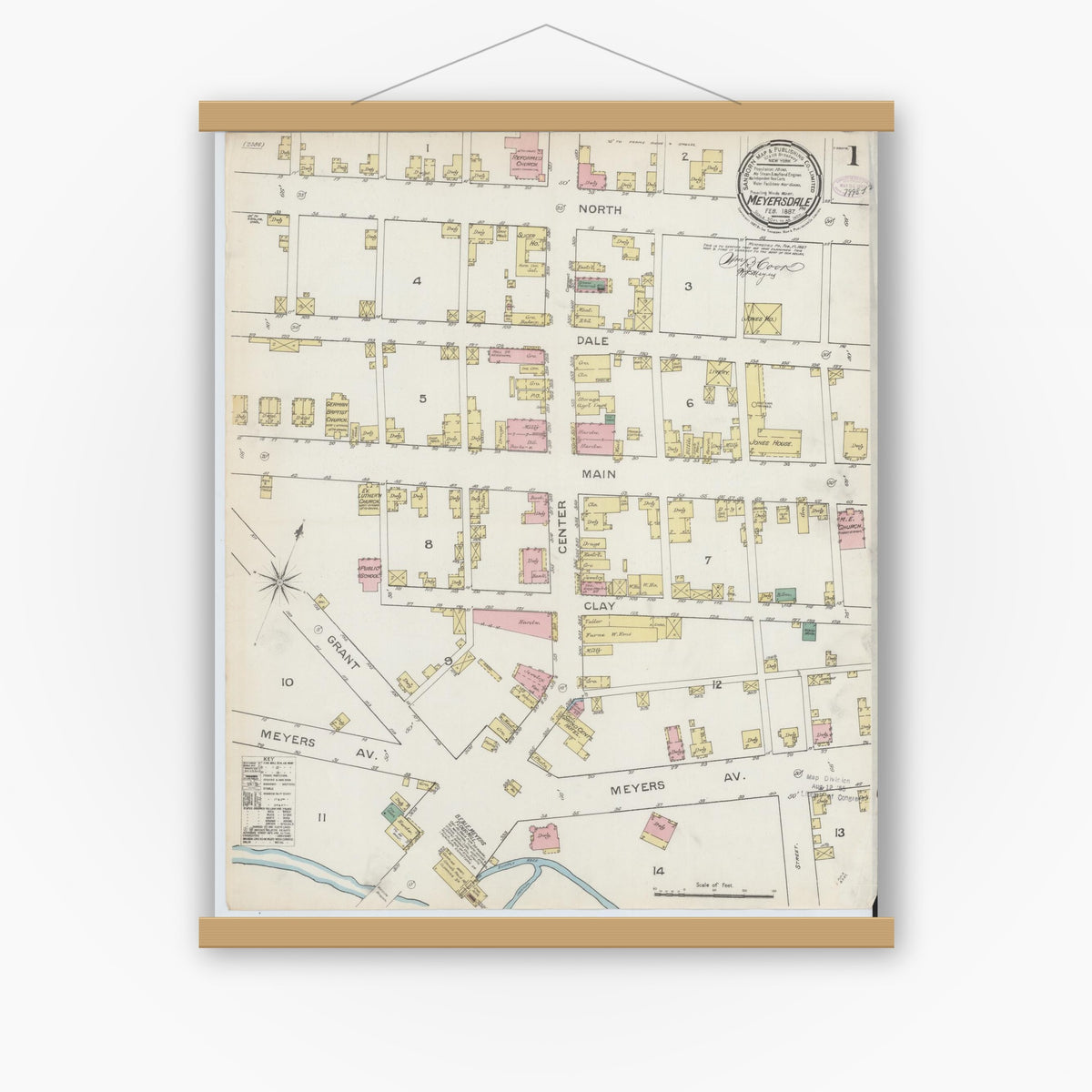 Old map wall art mockup — magnetic wood frame on white wall — Sanborn Fire Insurance Map from Meyersdale, Somerset County, Pennsylvania (1887), Sheet #0001
