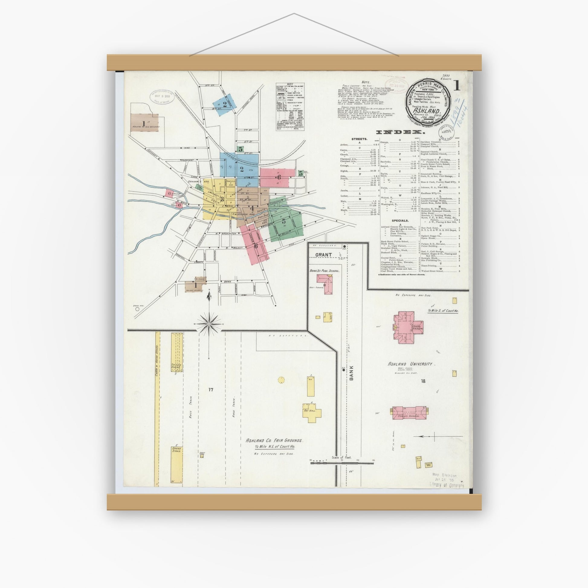 Old map wall art mockup — magnetic wood frame on white wall — Sanborn Fire Insurance Map from Ashland, Ashland County, Ohio (1899), Sheet #0001
