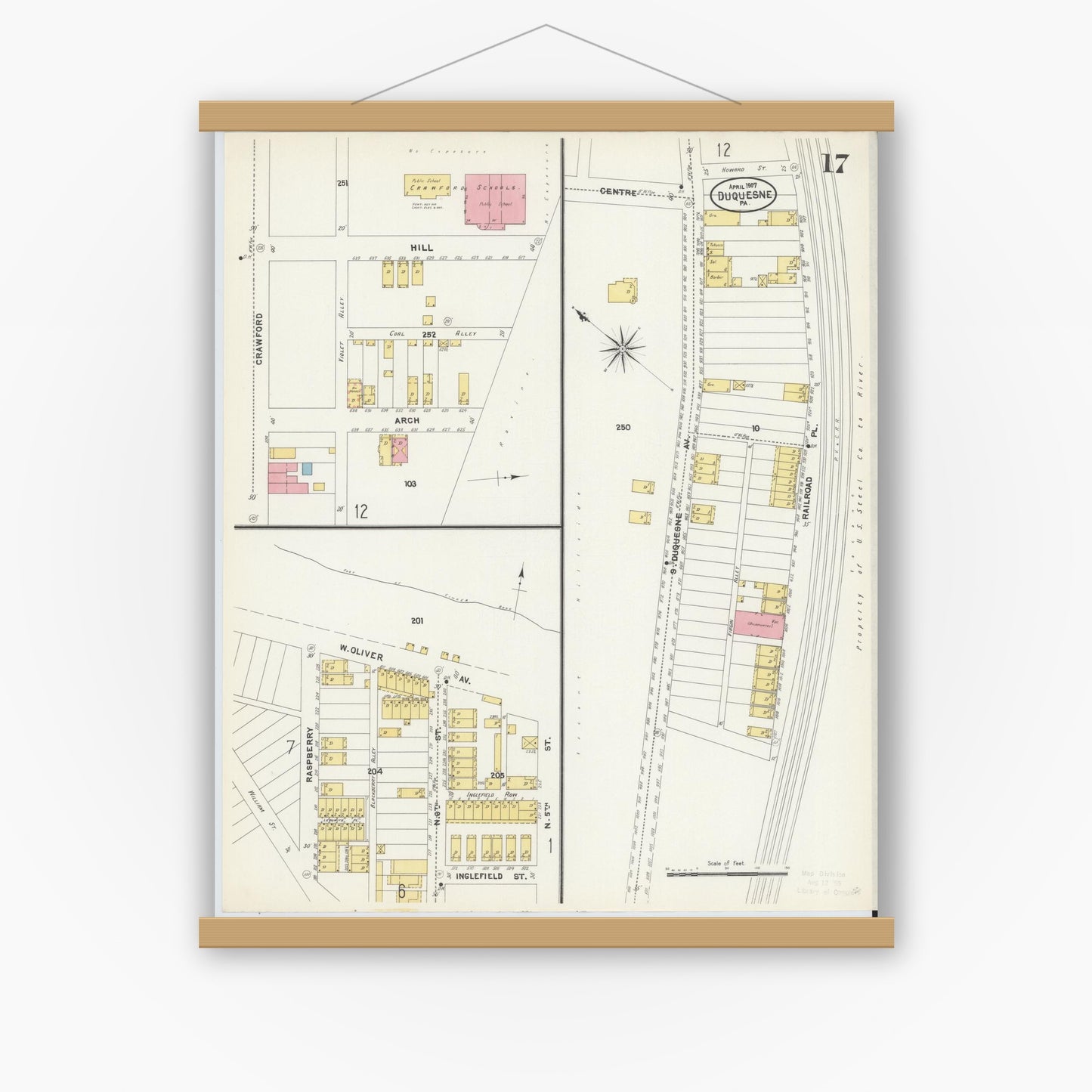 Old map wall art mockup — magnetic wood frame on white wall — Sanborn Fire Insurance Map from Duquesne, Allegheny County, Pennsylvania (1907), Sheet #0017