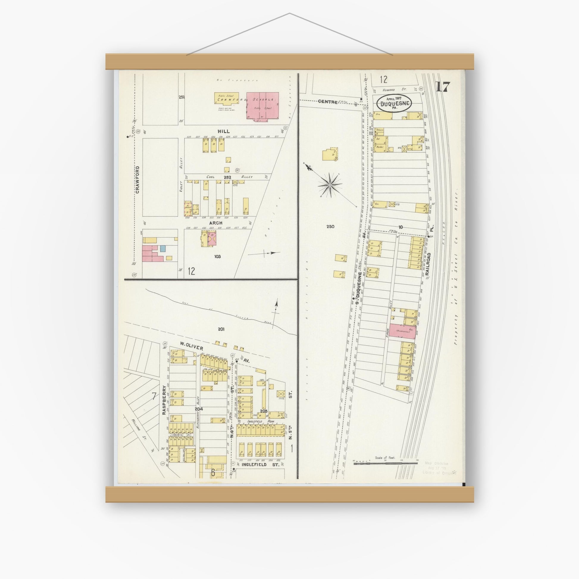 Old map wall art mockup — magnetic wood frame on white wall — Sanborn Fire Insurance Map from Duquesne, Allegheny County, Pennsylvania (1907), Sheet #0017
