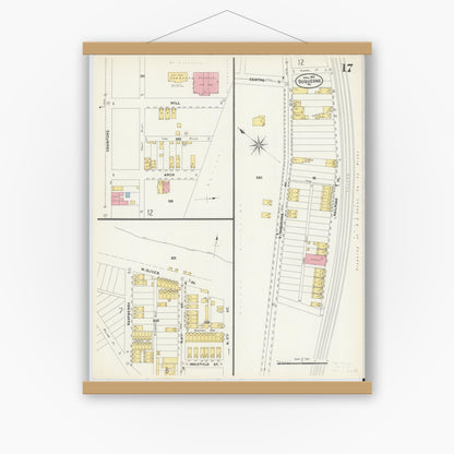 Old map wall art mockup — magnetic wood frame on white wall — Sanborn Fire Insurance Map from Duquesne, Allegheny County, Pennsylvania (1907), Sheet #0017