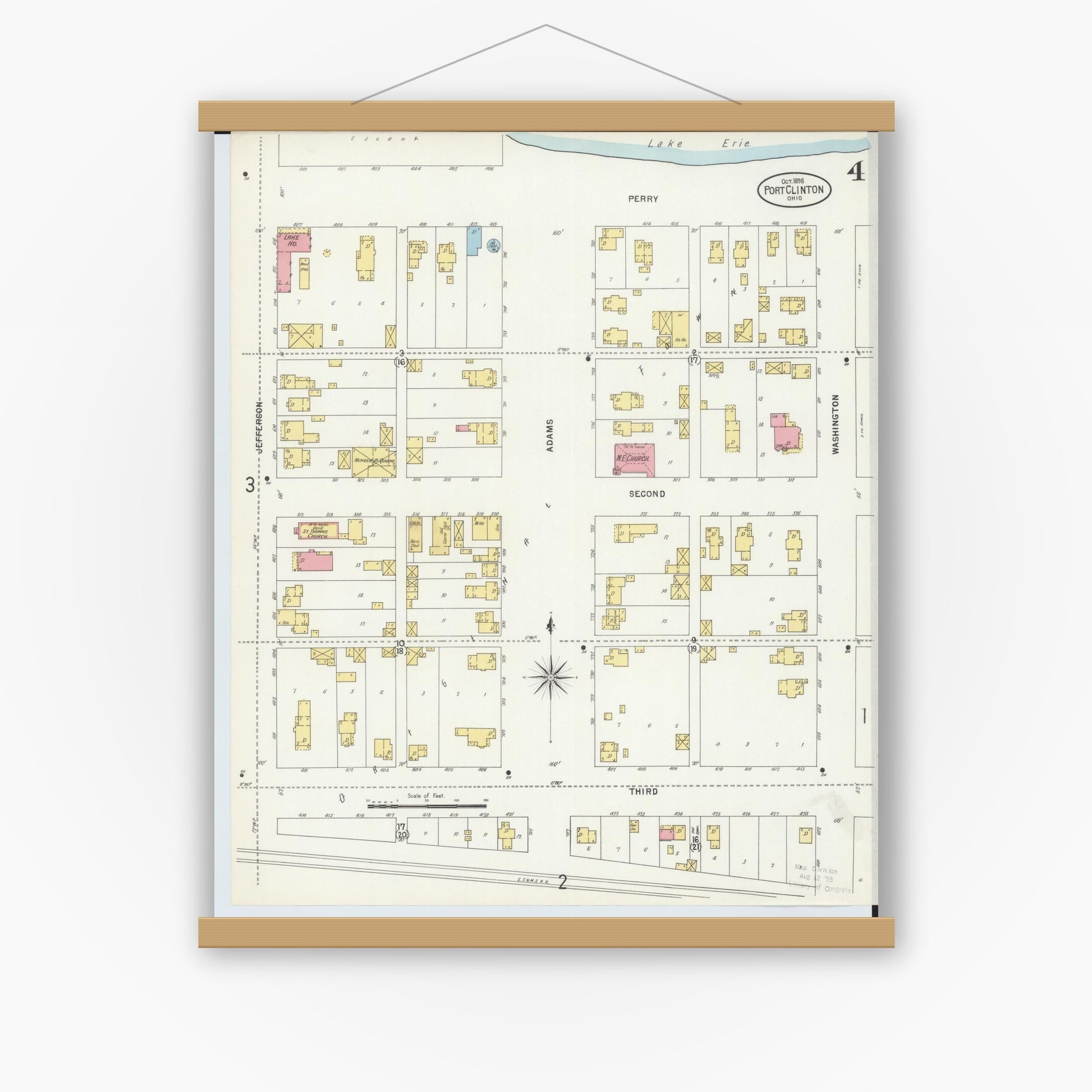 Old map wall art mockup — magnetic wood frame on white wall — Sanborn Fire Insurance Map from Port Clinton, Ottawa County, Ohio (1898), Sheet #0004