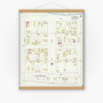 Old map wall art mockup — magnetic wood frame on white wall — Sanborn Fire Insurance Map from Port Clinton, Ottawa County, Ohio (1898), Sheet #0004