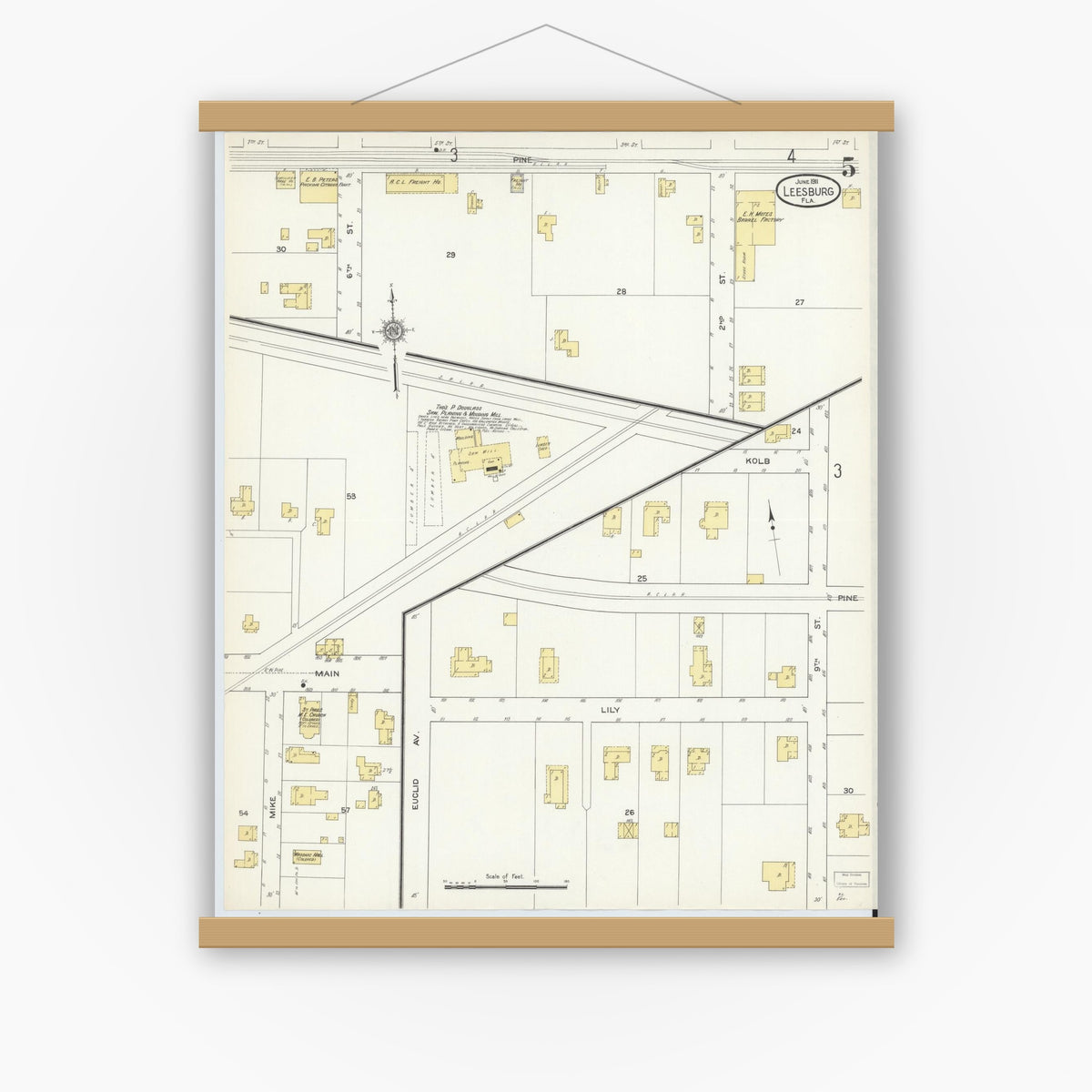 Old map wall art mockup — magnetic wood frame on white wall — Sanborn Fire Insurance Map from Leesburg, Lake County, Florida (1911), Sheet #0005