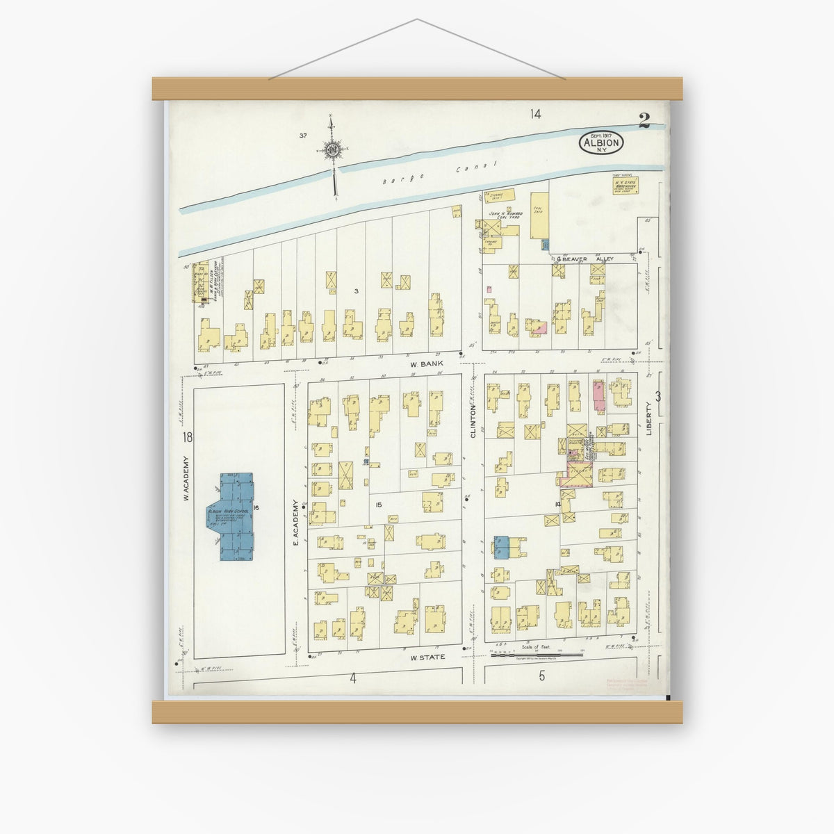 Old map wall art mockup — magnetic wood frame on white wall — Sanborn Fire Insurance Map from Albion, Orleans County, New York (1917) - Complete Map Set