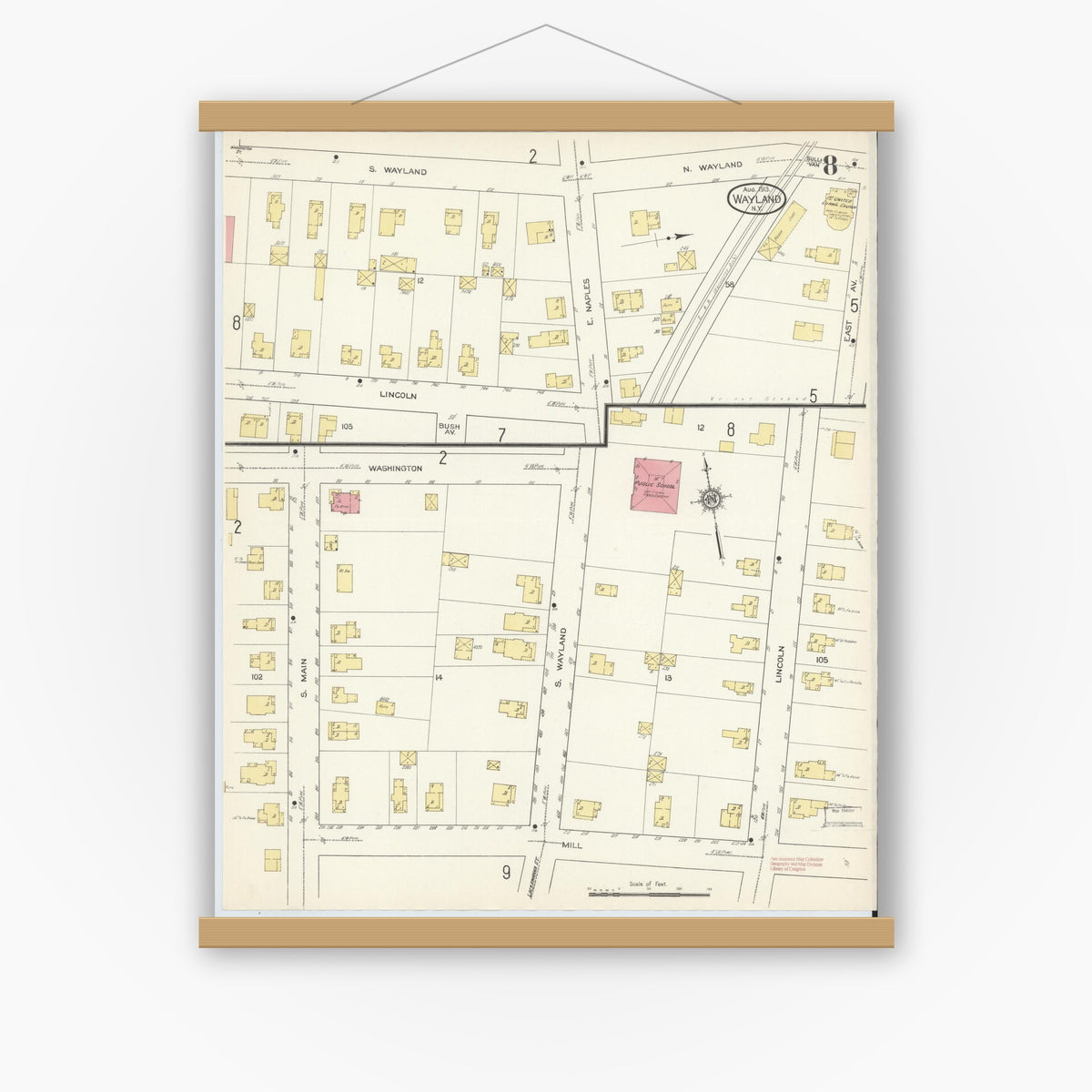 Old map wall art mockup — magnetic wood frame on white wall — Sanborn Fire Insurance Map from Wayland, Steuben County, New York (1913), Sheet #0008