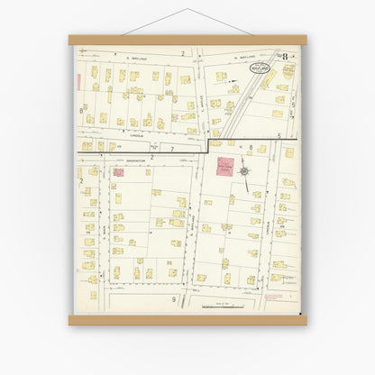 Old map wall art mockup — magnetic wood frame on white wall — Sanborn Fire Insurance Map from Wayland, Steuben County, New York (1913), Sheet #0008