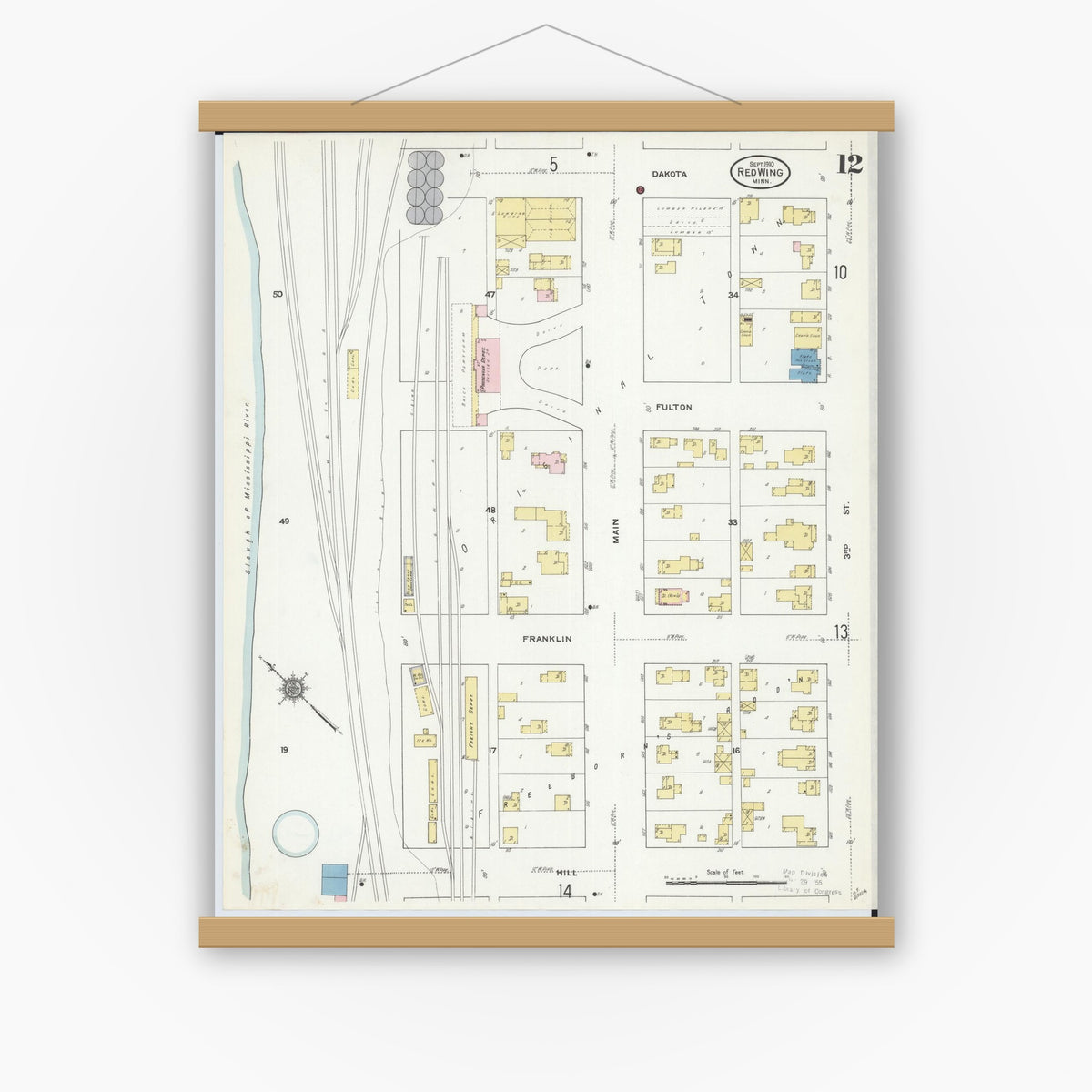 Old map wall art mockup — magnetic wood frame on white wall — Sanborn Fire Insurance Map from Red Wing, Goodhue County, Minnesota (1910), Sheet #0012