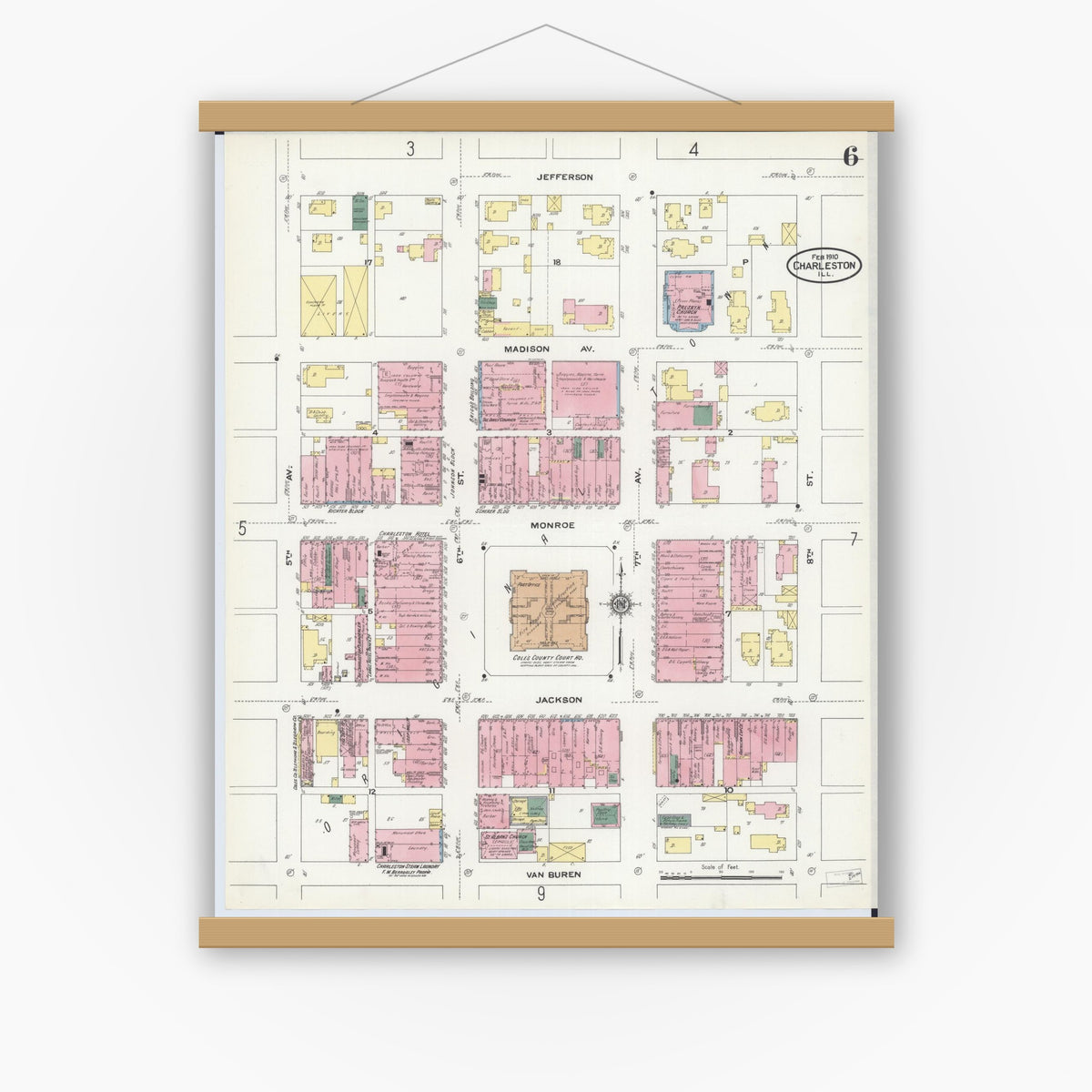 Old map wall art mockup — magnetic wood frame on white wall — Sanborn Fire Insurance Map from Charleston, Coles County, Illinois (1910), Sheet #0006