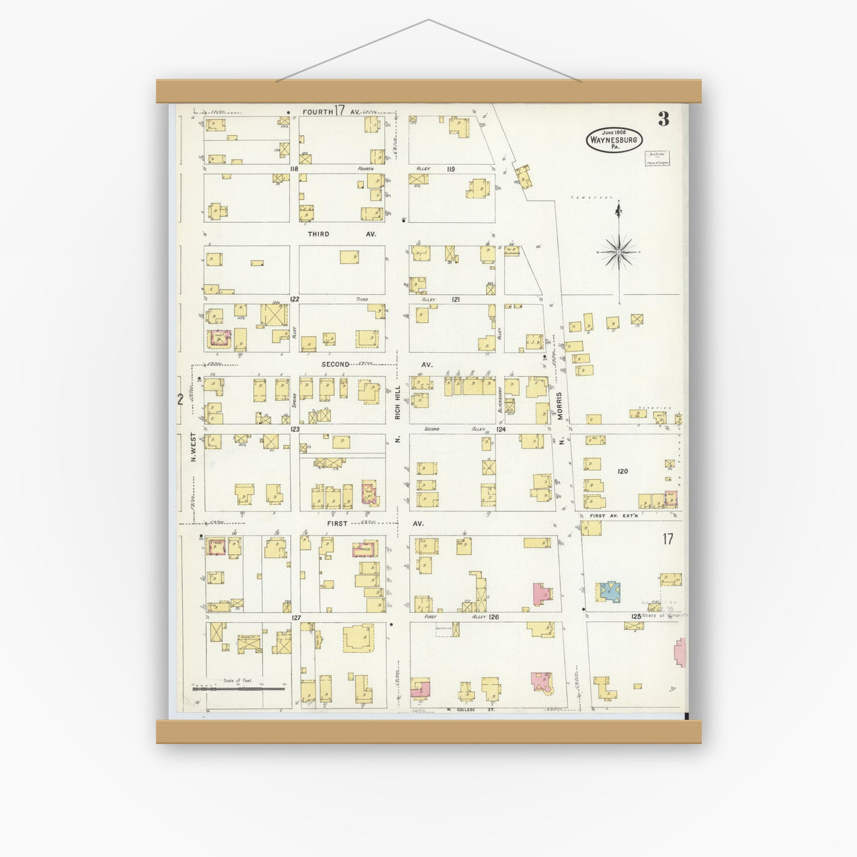 Old map wall art mockup — magnetic wood frame on white wall — Sanborn Fire Insurance Map from Waynesburg, Greene County, Pennsylvania (1908), Sheet #0003