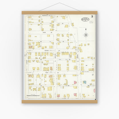 Old map wall art mockup — magnetic wood frame on white wall — Sanborn Fire Insurance Map from Waynesburg, Greene County, Pennsylvania (1908), Sheet #0003