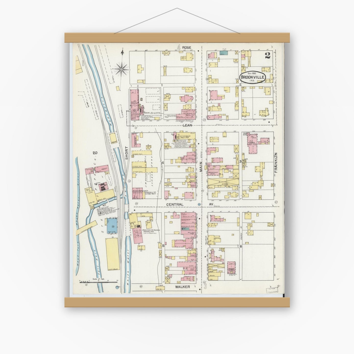 Old map wall art mockup — magnetic wood frame on white wall — Sanborn Fire Insurance Map from Brookville, Franklin County, Indiana (1892), Sheet #0002