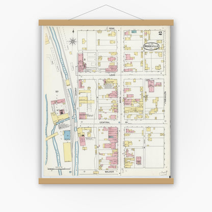 Old map wall art mockup — magnetic wood frame on white wall — Sanborn Fire Insurance Map from Brookville, Franklin County, Indiana (1892), Sheet #0002