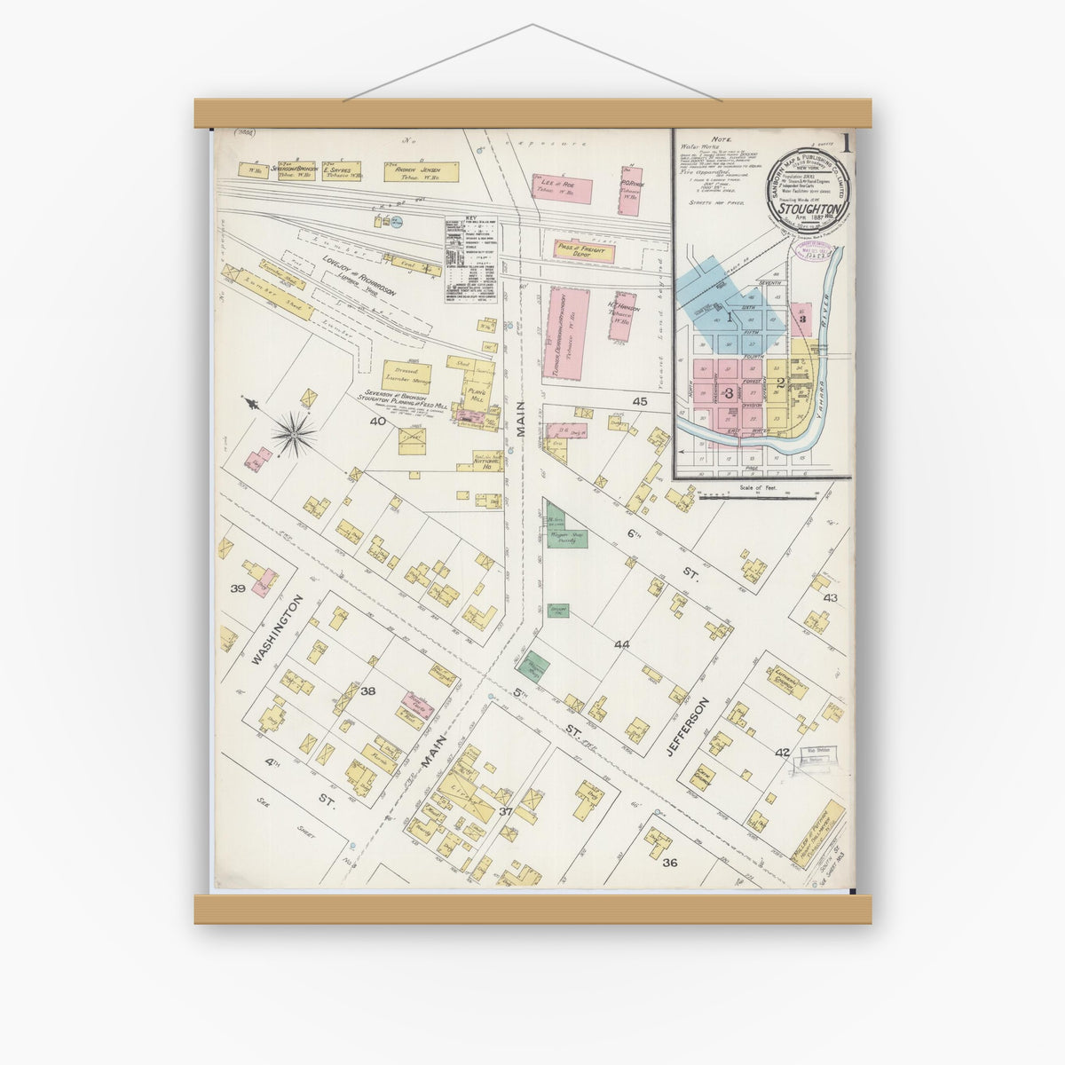 Old map wall art mockup — magnetic wood frame on white wall — Sanborn Fire Insurance Map from Stoughton, Dane County, Wisconsin (1887) - Complete Map Set
