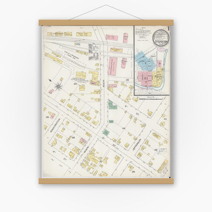 Old map wall art mockup — magnetic wood frame on white wall — Sanborn Fire Insurance Map from Stoughton, Dane County, Wisconsin (1887) - Complete Map Set
