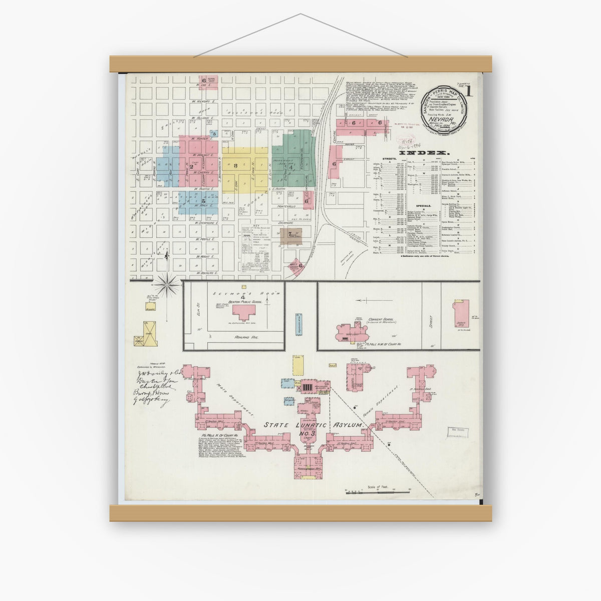 Old map wall art mockup — magnetic wood frame on white wall — Sanborn Fire Insurance Map from Nevada, Vernon County, Missouri (1894) - Complete Map Set
