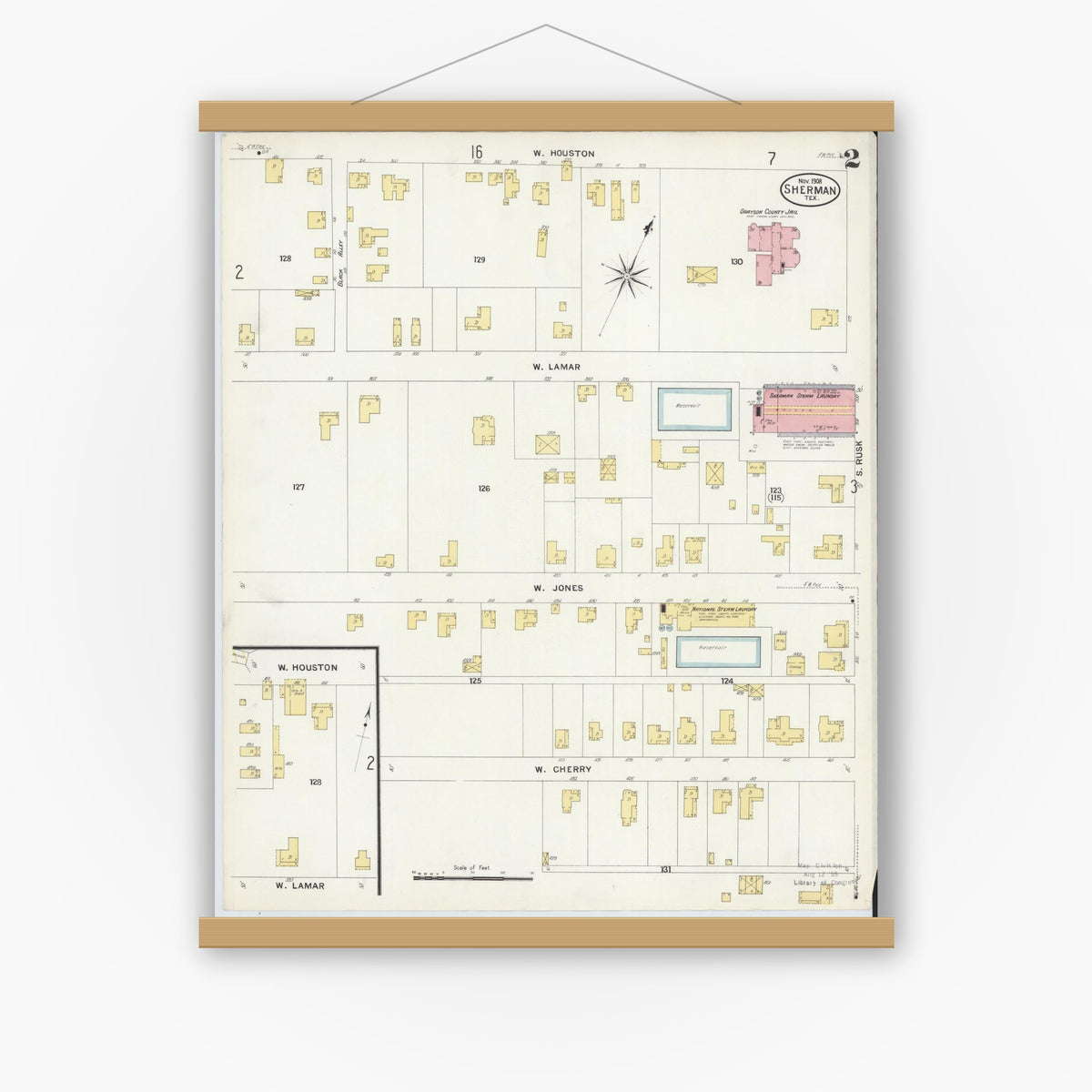 Old map wall art mockup — magnetic wood frame on white wall — Sanborn Fire Insurance Map from Sherman, Grayson County, Texas (1908), Sheet #0002