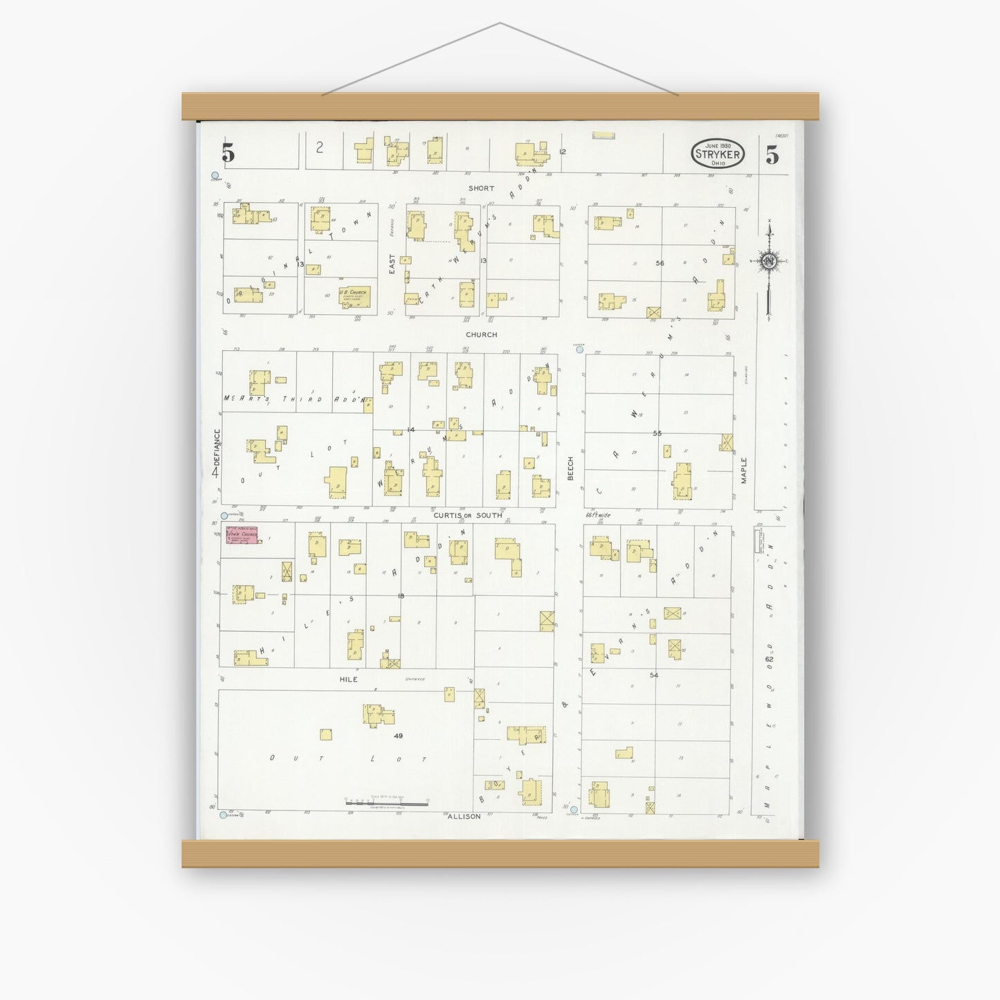 Old map wall art mockup — magnetic wood frame on white wall — Sanborn Fire Insurance Map from Stryker, Williams County, Ohio (1930), Sheet #0005