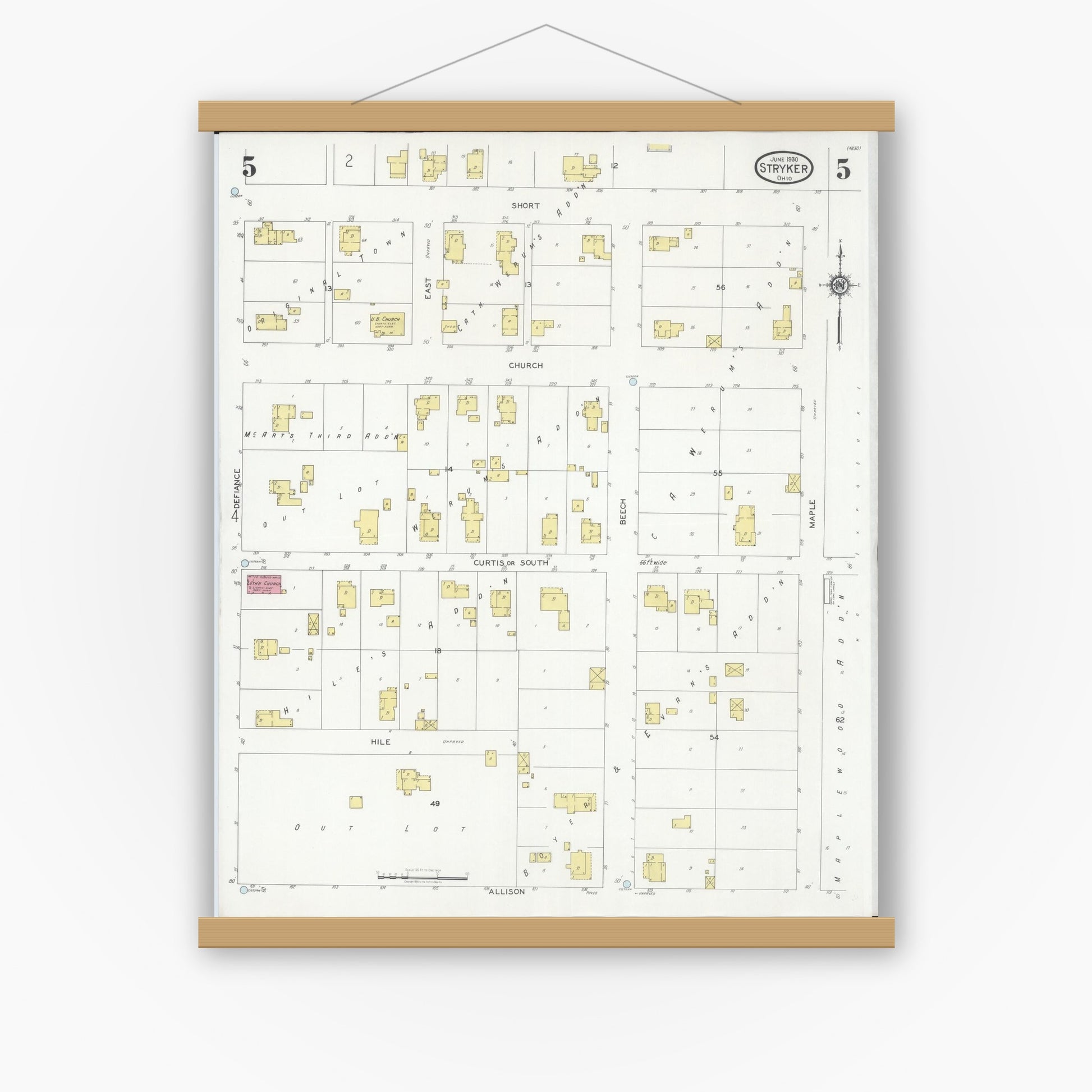 Old map wall art mockup — magnetic wood frame on white wall — Sanborn Fire Insurance Map from Stryker, Williams County, Ohio (1930), Sheet #0005