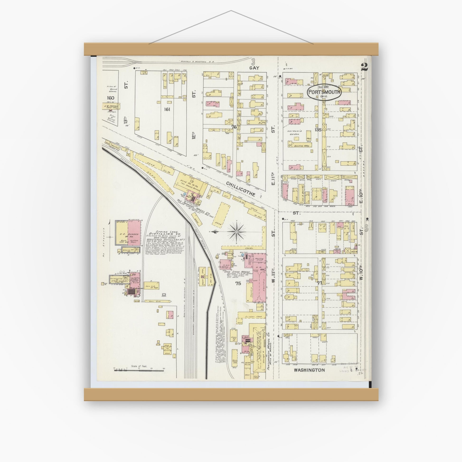 Old map wall art mockup — magnetic wood frame on white wall — Sanborn Fire Insurance Map from Portsmouth, Scioto County, Ohio (1892), Sheet #0002