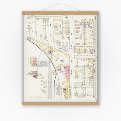 Old map wall art mockup — magnetic wood frame on white wall — Sanborn Fire Insurance Map from Portsmouth, Scioto County, Ohio (1892), Sheet #0002