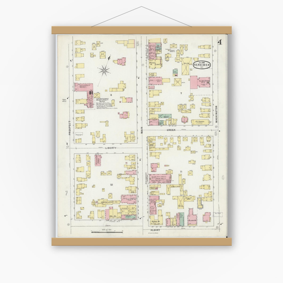 Old map wall art mockup — magnetic wood frame on white wall — Sanborn Fire Insurance Map from Herkimer, Herkimer County, New York (1895), Sheet #0004