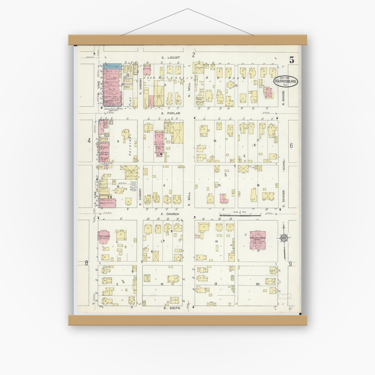 Old map wall art mockup — magnetic wood frame on white wall — Sanborn Fire Insurance Map from Harrisburg, Saline County, Illinois (1913), Sheet #0005