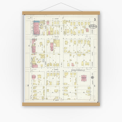 Old map wall art mockup — magnetic wood frame on white wall — Sanborn Fire Insurance Map from Harrisburg, Saline County, Illinois (1913), Sheet #0005
