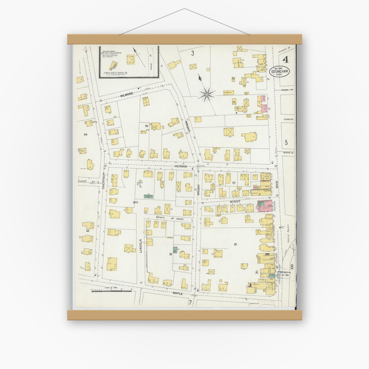 Old map wall art mockup — magnetic wood frame on white wall — Sanborn Fire Insurance Map from Stoneham, Middlesex County, Massachusetts (1903), Sheet #0004