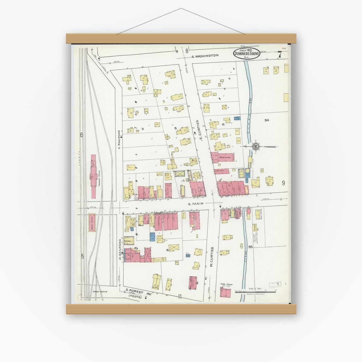 Old map wall art mockup — magnetic wood frame on white wall — Sanborn Fire Insurance Map from Downers Grove, Dupage County, Illinois (1921), Sheet #0007